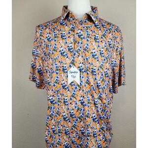 1764 Golf Polo Shirt XL Orange Blue All Over Print Choice Bloom Floral Honey NWT